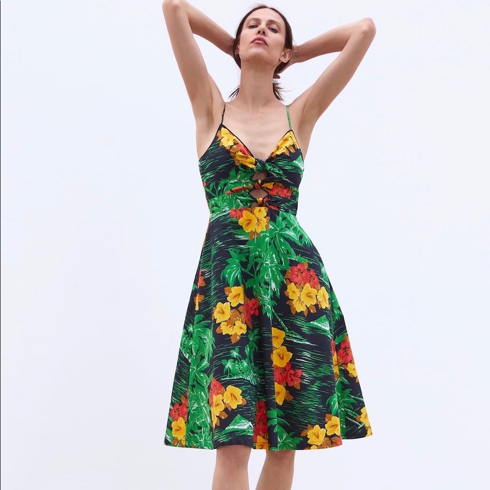 Zara Tropical Hawaiian Floral Palm MIDI Dress Knotted Front Large